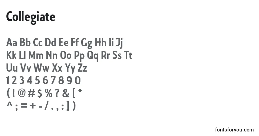 Czcionka Collegiate – alfabet, cyfry, specjalne znaki