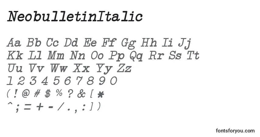 A fonte NeobulletinItalic – alfabeto, números, caracteres especiais