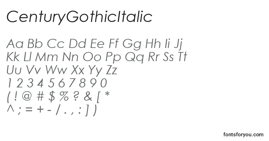 A fonte CenturyGothicItalic – alfabeto, números, caracteres especiais