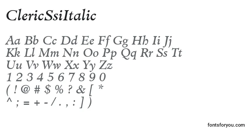 Czcionka ClericSsiItalic – alfabet, cyfry, specjalne znaki