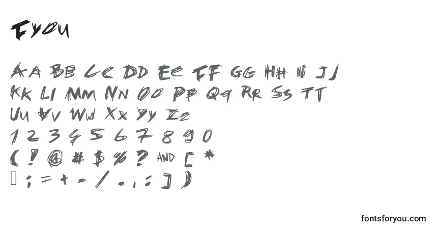 Czcionka Fyou – alfabet, cyfry, specjalne znaki
