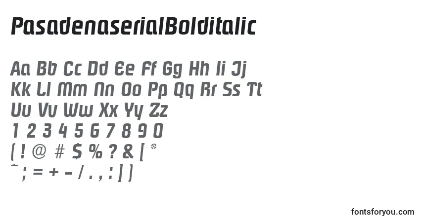Czcionka PasadenaserialBolditalic – alfabet, cyfry, specjalne znaki