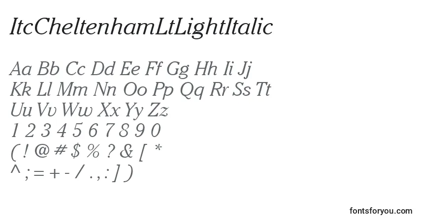 Czcionka ItcCheltenhamLtLightItalic – alfabet, cyfry, specjalne znaki