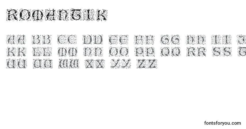 A fonte Romantik – alfabeto, números, caracteres especiais