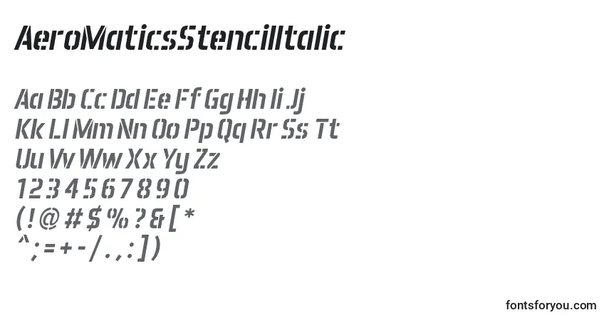 Schriftart AeroMaticsStencilItalic – Alphabet, Zahlen, spezielle Symbole
