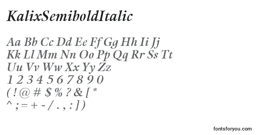 Schriftart KalixSemiboldItalic – Alphabet, Zahlen, spezielle Symbole