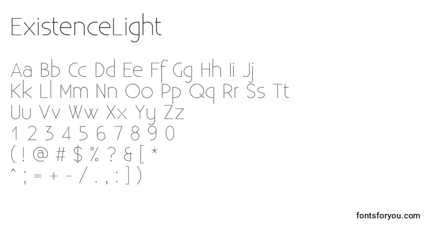 A fonte ExistenceLight (102248) – alfabeto, números, caracteres especiais