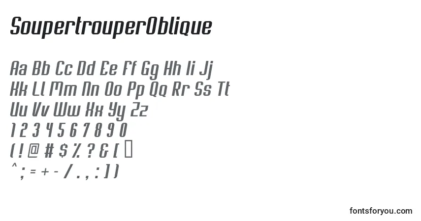Czcionka SoupertrouperOblique – alfabet, cyfry, specjalne znaki