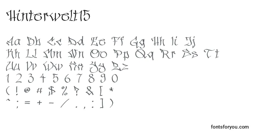 Czcionka Hinterwelt15 – alfabet, cyfry, specjalne znaki