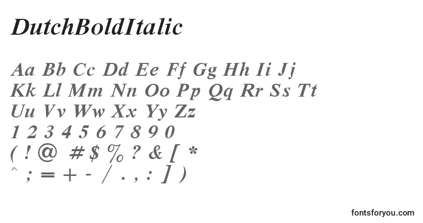A fonte DutchBoldItalic – alfabeto, números, caracteres especiais