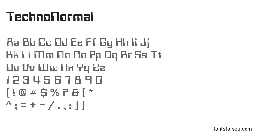 A fonte TechnoNormal – alfabeto, números, caracteres especiais