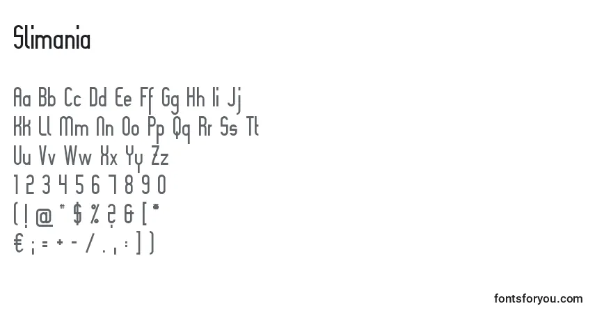 A fonte Slimania – alfabeto, números, caracteres especiais
