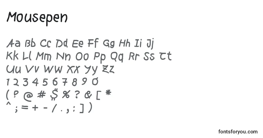 Czcionka Mousepen – alfabet, cyfry, specjalne znaki