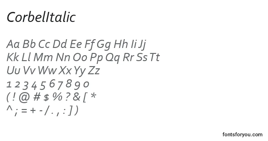 CorbelItalicフォント–アルファベット、数字、特殊文字