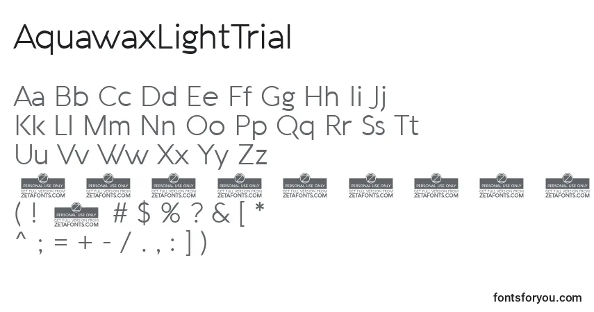 A fonte AquawaxLightTrial – alfabeto, números, caracteres especiais