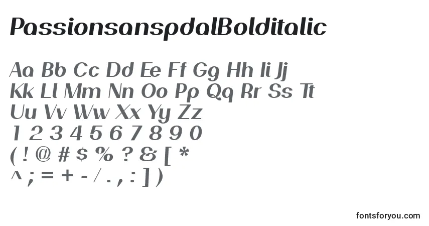 Czcionka PassionsanspdalBolditalic – alfabet, cyfry, specjalne znaki