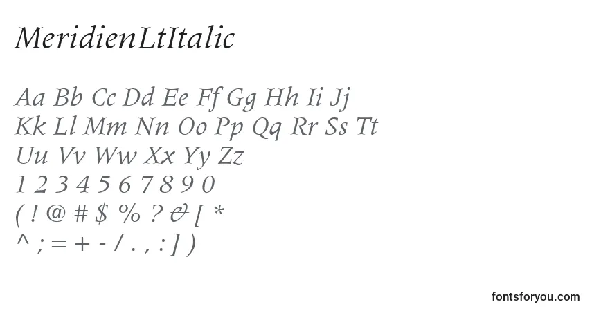 Schriftart MeridienLtItalic – Alphabet, Zahlen, spezielle Symbole
