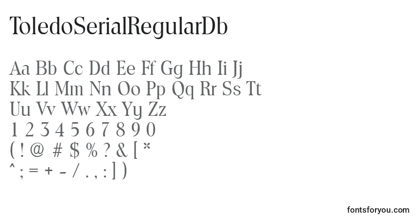 Czcionka ToledoSerialRegularDb – alfabet, cyfry, specjalne znaki