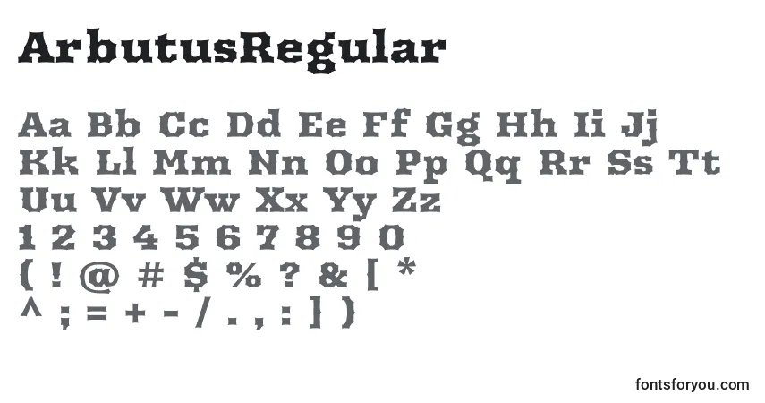 Czcionka ArbutusRegular – alfabet, cyfry, specjalne znaki