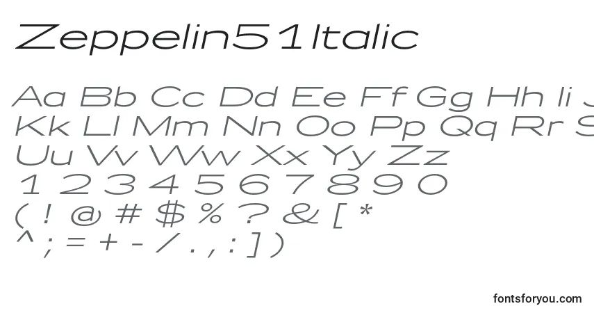 Шрифт Zeppelin51Italic – алфавит, цифры, специальные символы