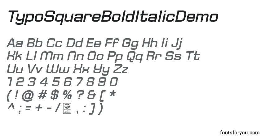 Шрифт TypoSquareBoldItalicDemo – алфавит, цифры, специальные символы
