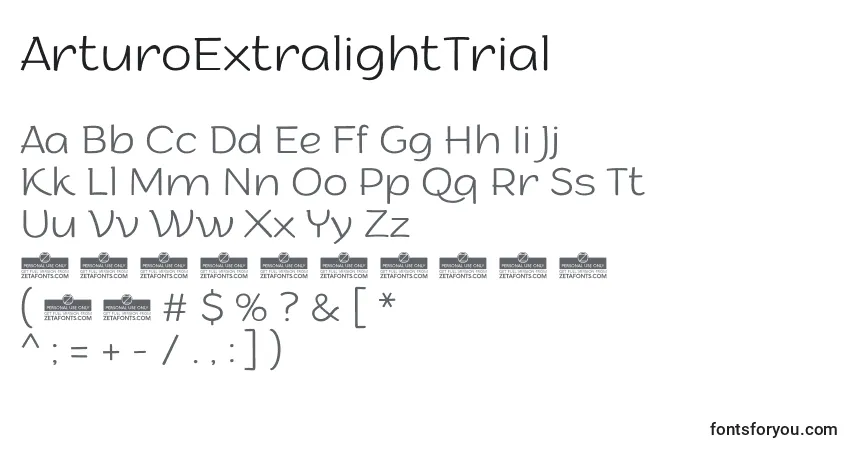 Fuente ArturoExtralightTrial - alfabeto, números, caracteres especiales