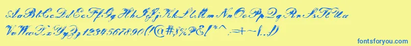 フォントTragedia – 青い文字が黄色の背景にあります。