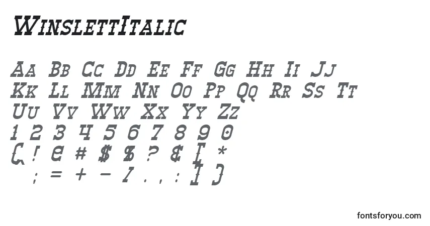 Шрифт WinslettItalic – алфавит, цифры, специальные символы