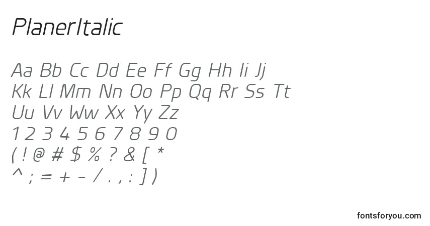 Шрифт PlanerItalic – алфавит, цифры, специальные символы