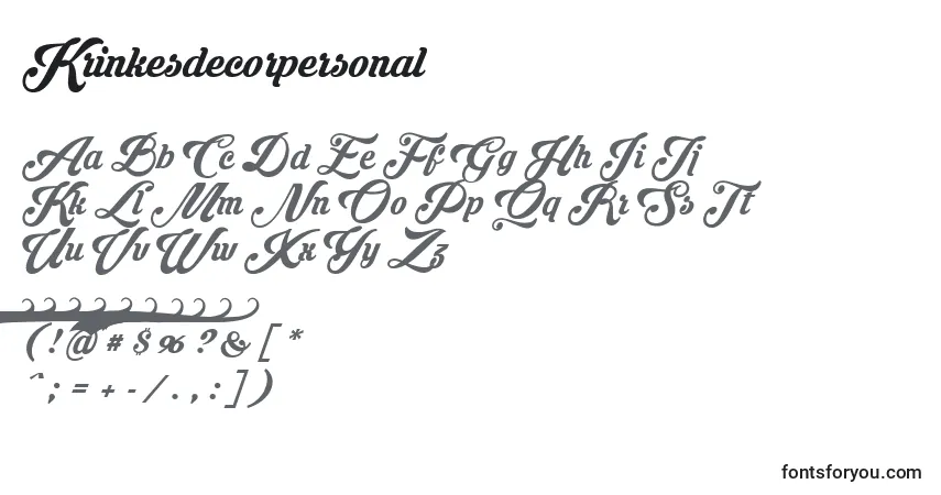 Czcionka Krinkesdecorpersonal – alfabet, cyfry, specjalne znaki
