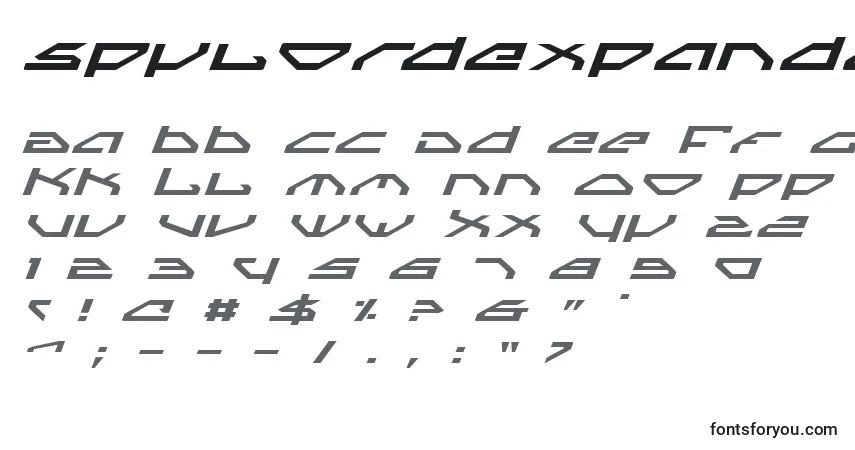 Czcionka SpylordExpandedItalic – alfabet, cyfry, specjalne znaki