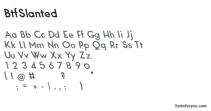 Schriftart BtfSlanted – Alphabet, Zahlen, spezielle Symbole