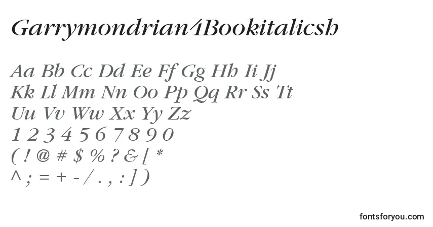 Czcionka Garrymondrian4Bookitalicsh – alfabet, cyfry, specjalne znaki