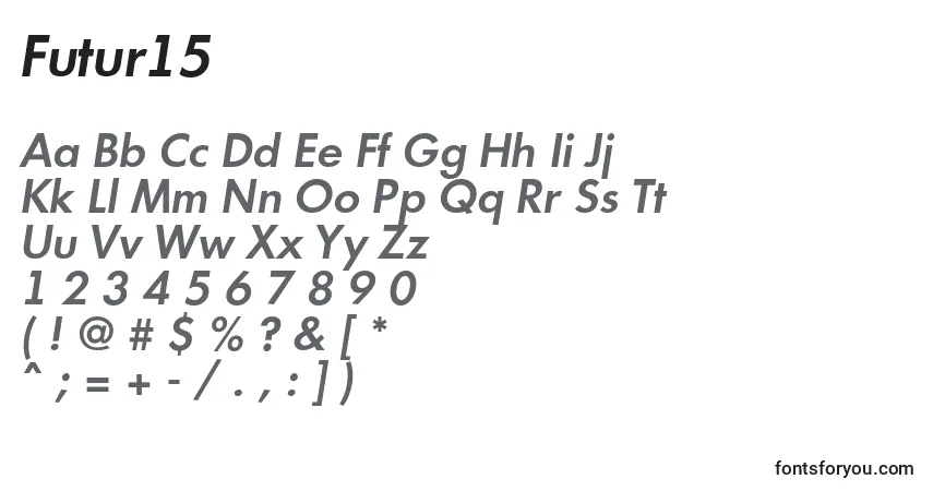 Czcionka Futur15 – alfabet, cyfry, specjalne znaki