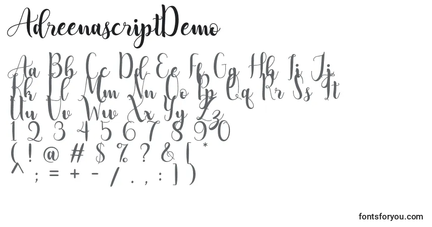 Schriftart AdreenascriptDemo (102479) – Alphabet, Zahlen, spezielle Symbole