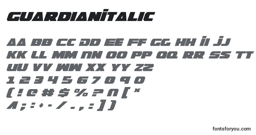 Schriftart GuardianItalic – Alphabet, Zahlen, spezielle Symbole