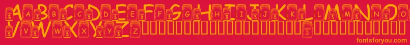 LmsCanningWithTheInlaws-Schriftart – Orangefarbene Schriften auf rotem Hintergrund