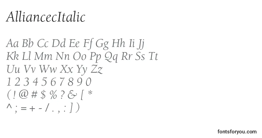 A fonte AlliancecItalic – alfabeto, números, caracteres especiais
