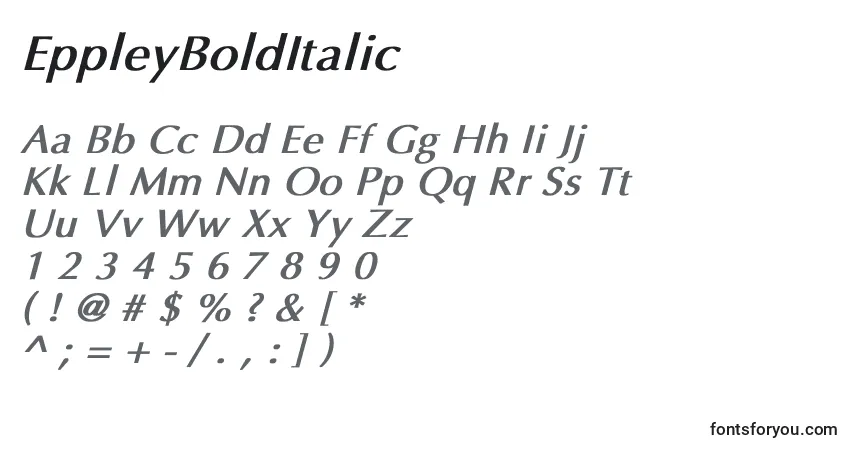 A fonte EppleyBoldItalic – alfabeto, números, caracteres especiais