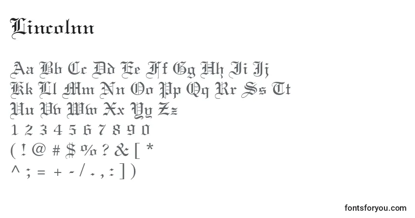 Czcionka Lincolnn – alfabet, cyfry, specjalne znaki