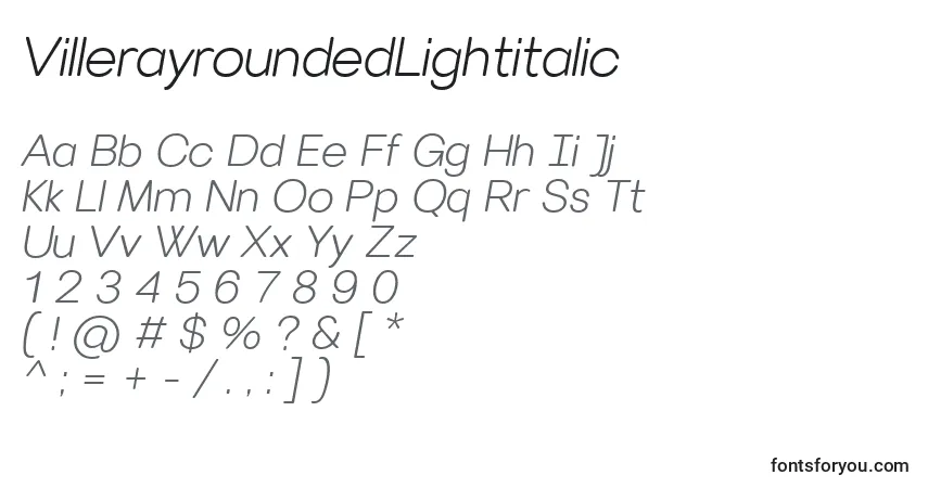 Шрифт VillerayroundedLightitalic – алфавит, цифры, специальные символы