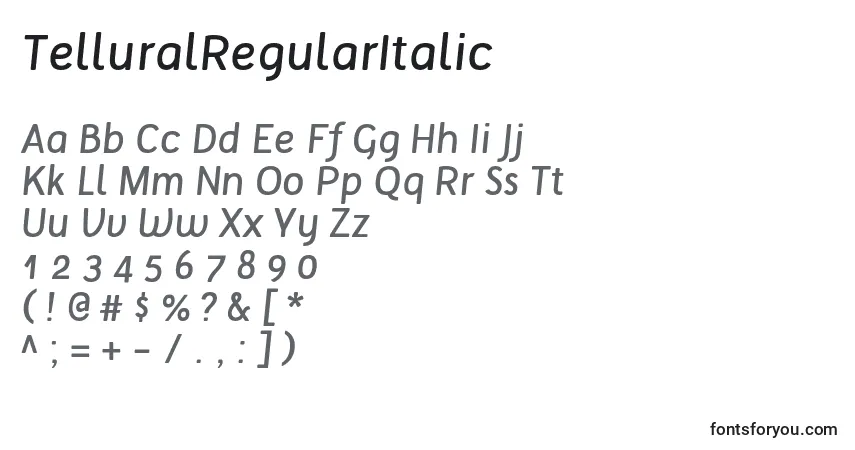 Czcionka TelluralRegularItalic – alfabet, cyfry, specjalne znaki