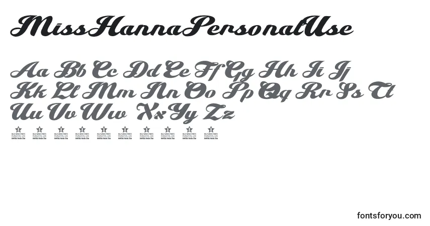 Schriftart MissHannaPersonalUse – Alphabet, Zahlen, spezielle Symbole