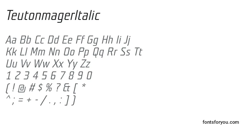 Schriftart TeutonmagerItalic – Alphabet, Zahlen, spezielle Symbole
