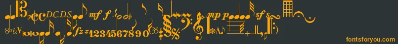 Musicalsymbolsnormal-Schriftart – Orangefarbene Schriften auf schwarzem Hintergrund