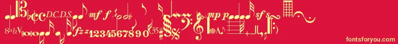 Musicalsymbolsnormal-Schriftart – Gelbe Schriften auf rotem Hintergrund