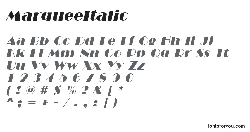 Шрифт MarqueeItalic – алфавит, цифры, специальные символы