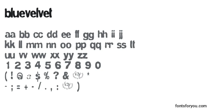 Schriftart Bluevelvet – Alphabet, Zahlen, spezielle Symbole