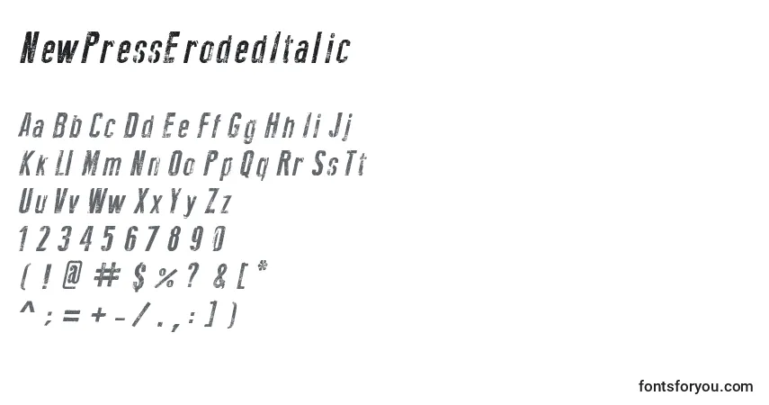 Schriftart NewPressErodedItalic (102632) – Alphabet, Zahlen, spezielle Symbole