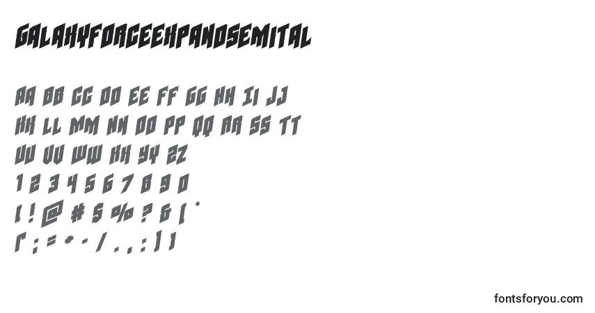 Шрифт Galaxyforceexpandsemital – алфавит, цифры, специальные символы